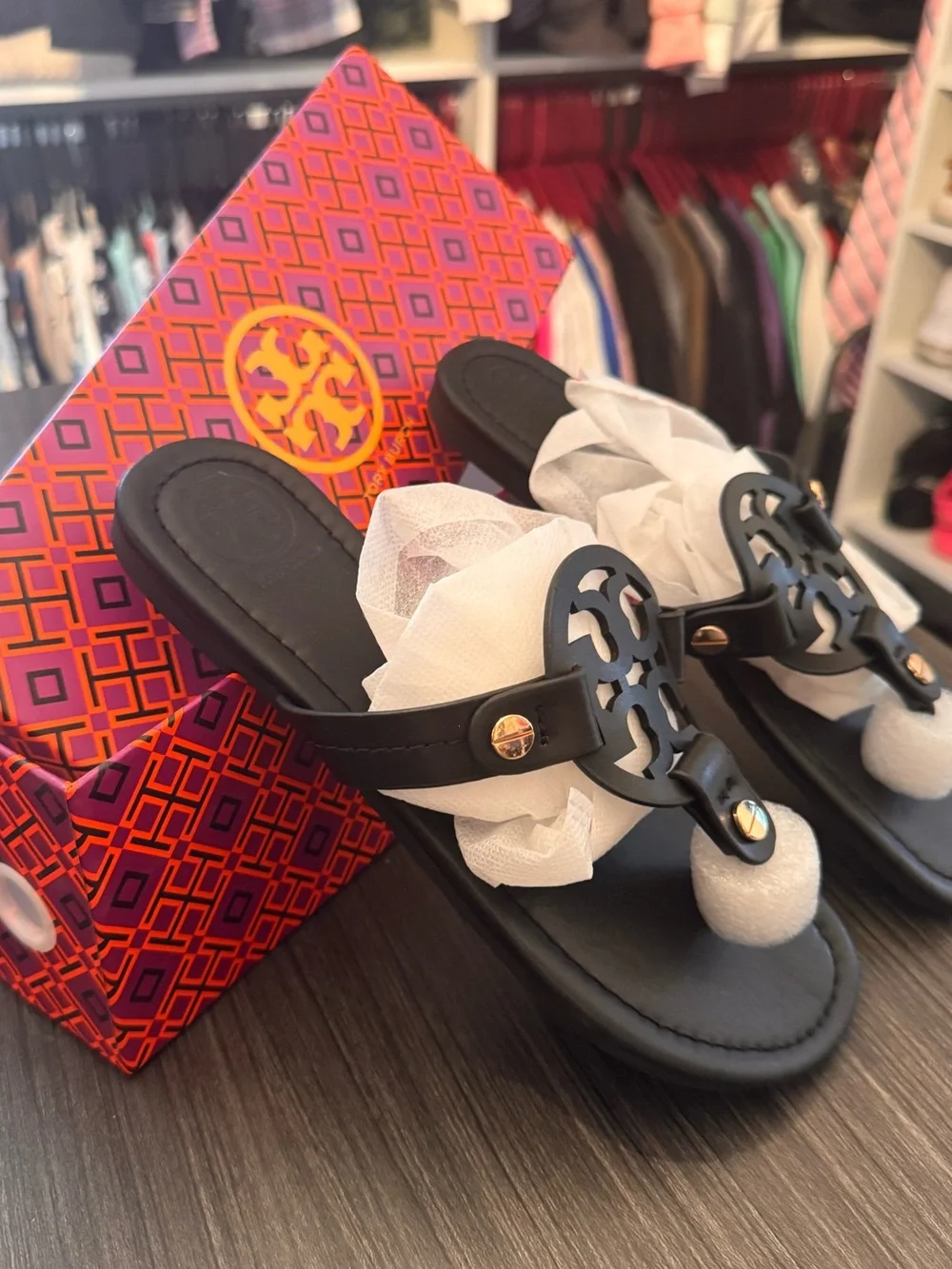 Brand New-never own-full details Tory Burch Black Leather Logo Sandals
